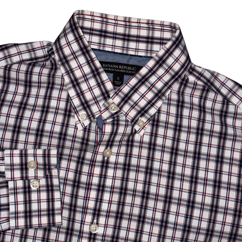 Banana Republic Shirt Mens Small Red Blue Plaid Slim Fit Non-Iron Long Sleeve